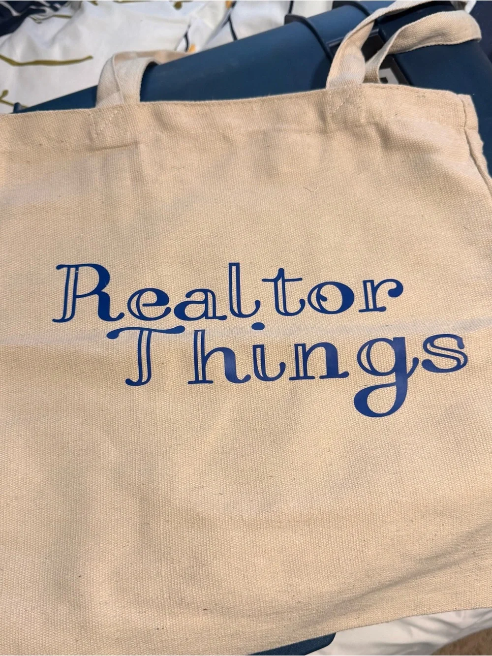 Realtor Things Canvas Tote Bag– Blue on Cream